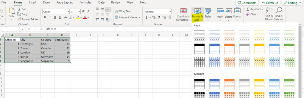 Formatting tables in Excel