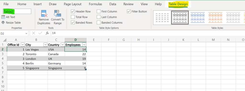 Table design in Excel